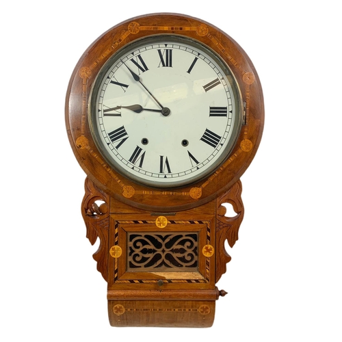 182 - Victorian inlaid American drop dial wall clock. With key and pendulum. 42 x 74cm