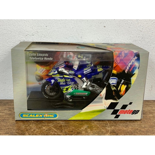 56 - 3 Scalextric models car and motorcycles in boxes. Colin Edwards Telefonica Honda,  Makoto Tamada Hon... 