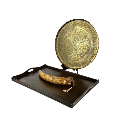 161 - Early 20th century oak tray, Brass tray and Powder horn