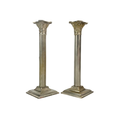 206 - Pair of vintage EPNS Corinthian style candlesticks, 25.5cm