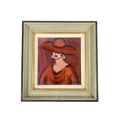 26 - Gladys McCabe oil painting, Lady In Red. 37cm x 38.5cm framed