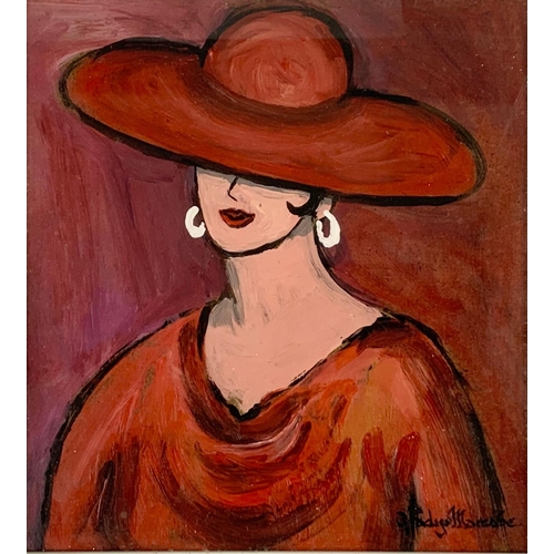 26 - Gladys McCabe oil painting, Lady In Red. 37cm x 38.5cm framed