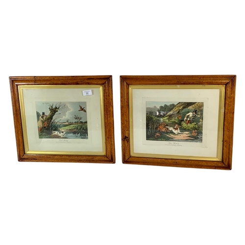 32 - Pair of Georgian Ackerman hand coloured hunting prints in Bird's Eye Maple frames, circa 1832