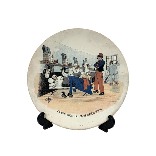 395 - 3 19th century Sarreguemines of France porcelain plates with military humour theme