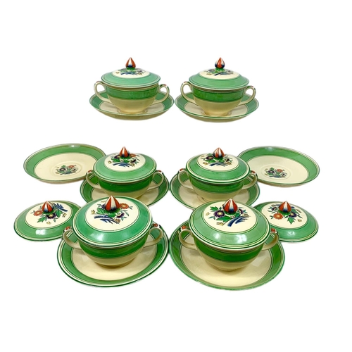 402 - Art Deco Mintons soup bowls with lids and saucers, circa 1930s