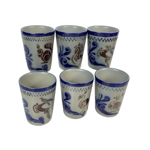 442 - Set of vintage Goebel Hummel salt glazed jug and cups. Jug is 30cm