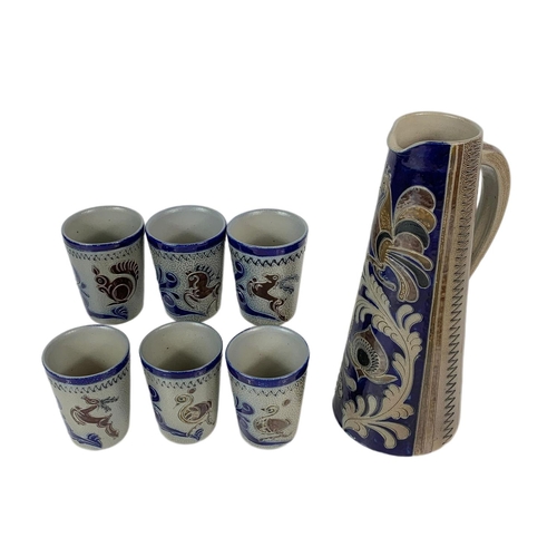 442 - Set of vintage Goebel Hummel salt glazed jug and cups. Jug is 30cm