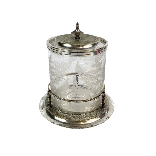 456 - Late Victorian etched glass silver plated biscuit barrel, 1cm