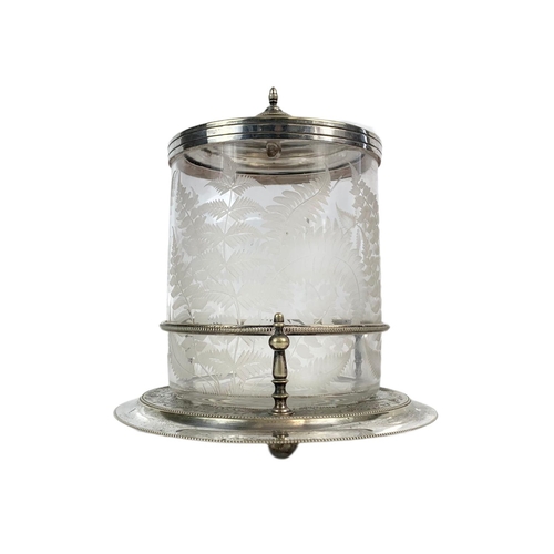 456 - Late Victorian etched glass silver plated biscuit barrel, 1cm