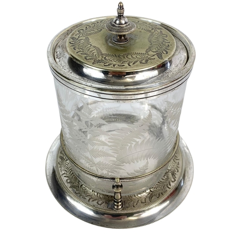 456 - Late Victorian etched glass silver plated biscuit barrel, 1cm