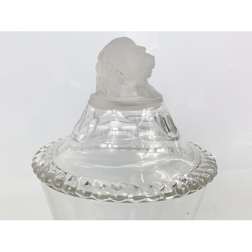 457 - Victorian cut glass sweet jar with frosted glass lion, 22cm