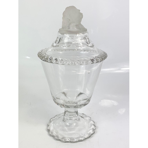 457 - Victorian cut glass sweet jar with frosted glass lion, 22cm