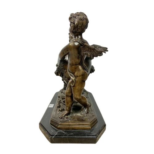 6 - Large early 20th century bronze cherub figure on marble base, 50cm x 25cm x 41cm