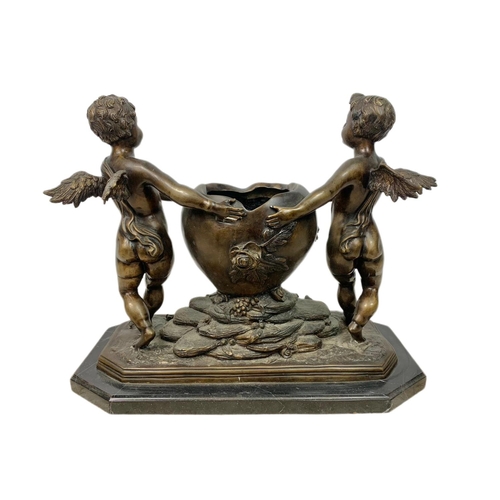 6 - Large early 20th century bronze cherub figure on marble base, 50cm x 25cm x 41cm