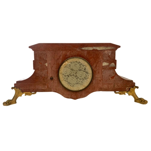 108 - Victorian red marble mantle clock with brass mounts, key, pendulum and bell. 48 x 25 x 21cm