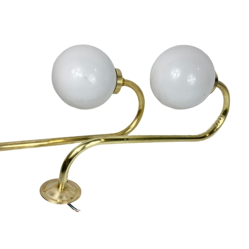 102 - Pair of large vintage brass wall lights with plastic globe shades, 71cm