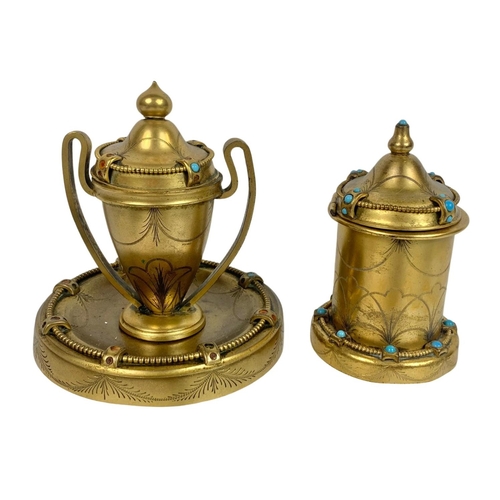 216 - Victorian brass desk set with turquoise decoration