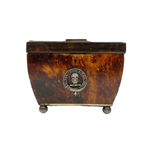 218 - Regency period tortoise shell tea caddy with plaque inscribed in Latin 