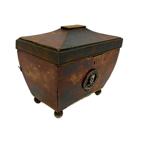 218 - Regency period tortoise shell tea caddy with plaque inscribed in Latin 