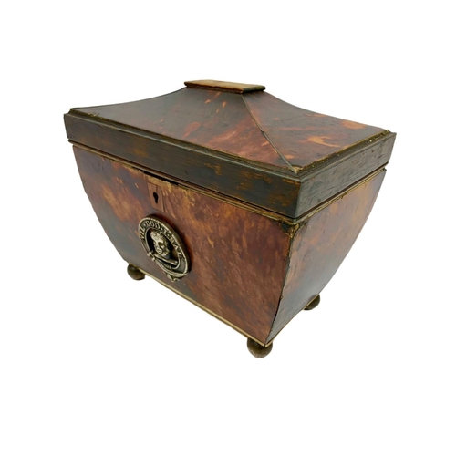 218 - Regency period tortoise shell tea caddy with plaque inscribed in Latin 