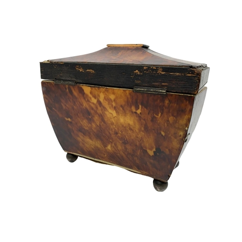 218 - Regency period tortoise shell tea caddy with plaque inscribed in Latin 