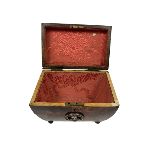 218 - Regency period tortoise shell tea caddy with plaque inscribed in Latin 