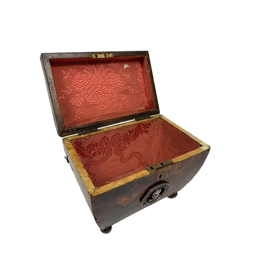 218 - Regency period tortoise shell tea caddy with plaque inscribed in Latin 