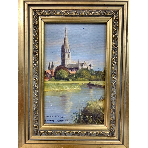 226 - Gilt framed painting of Salisbury Cathedral by Ron Ritchie, 1994. 8x13cm, not including frame.