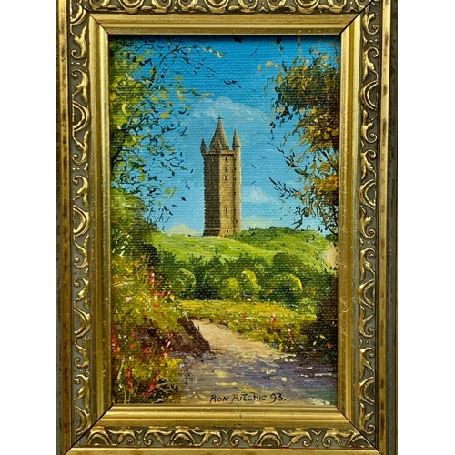 227 - Gilt framed oil painting of Scrabo Tower by Ron Ritchie, 1993. 8x13cm, not including frame.