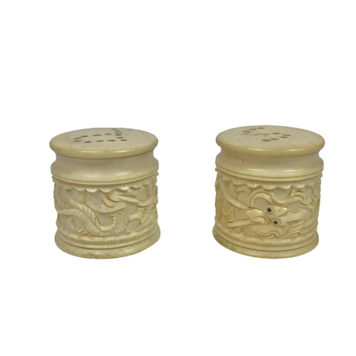 236 - Vintage Chinese carved Ivory salt and pepper shakers. 3.5cm