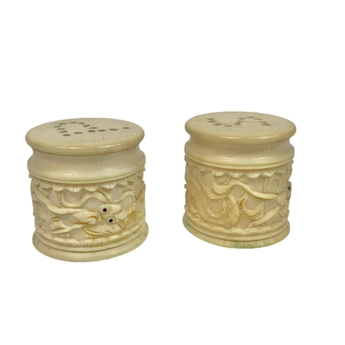 236 - Vintage Chinese carved Ivory salt and pepper shakers. 3.5cm