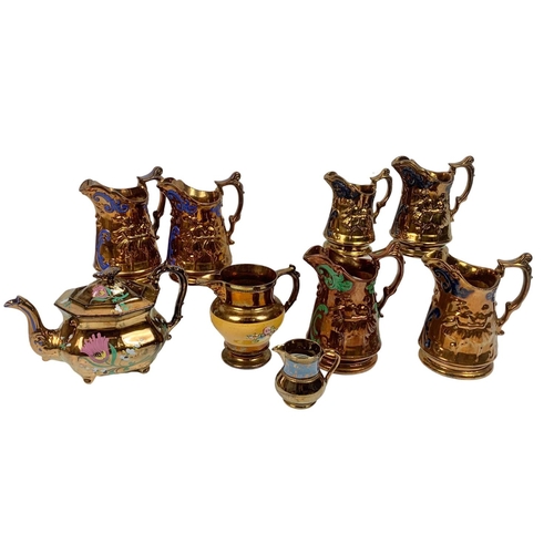 472 - Quantity of Victorian lustre jugs, with early 20th century hand painted tea pot.