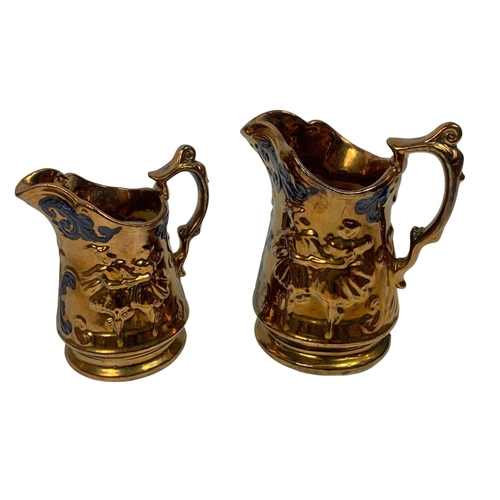 472 - Quantity of Victorian lustre jugs, with early 20th century hand painted tea pot.