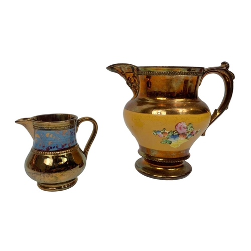 472 - Quantity of Victorian lustre jugs, with early 20th century hand painted tea pot.