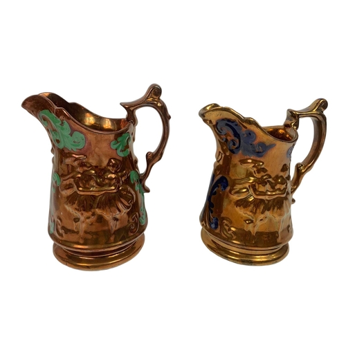 472 - Quantity of Victorian lustre jugs, with early 20th century hand painted tea pot.