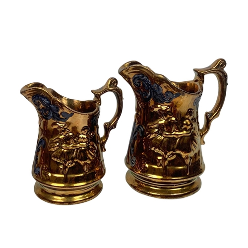 472 - Quantity of Victorian lustre jugs, with early 20th century hand painted tea pot.