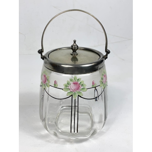 476 - An Edwardian silver plated and hand painted glass biscuit barrel. JD & Son. 19cm