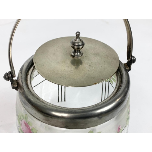 476 - An Edwardian silver plated and hand painted glass biscuit barrel. JD & Son. 19cm