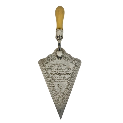 495 - Vintage ceremonial silver plate trowel, used for foundation stone for Champion Hall St Andrew school... 