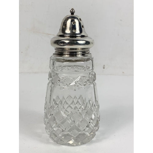 684 - Vintage silver and cut glass sugar shaker, 15cm