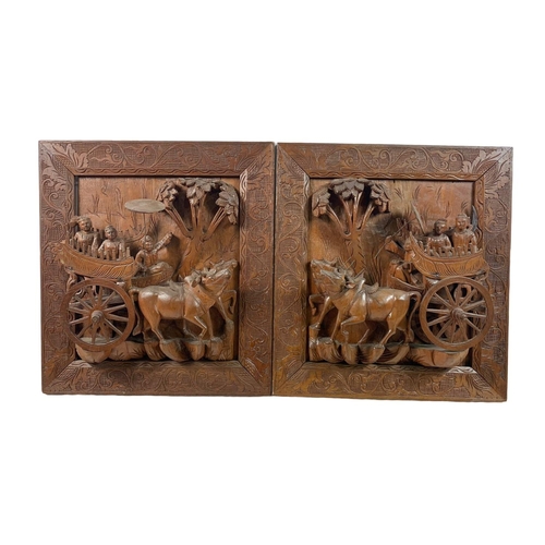 74 - 2 19th century Chinese heavily carved teak panels, 51.5cm x 51.5cm