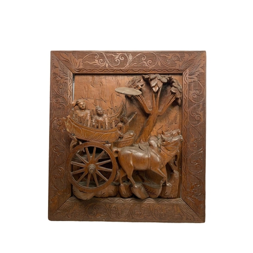 74 - 2 19th century Chinese heavily carved teak panels, 51.5cm x 51.5cm