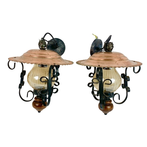 87 - Pair of vintage copper and wrought iron porch lights, 53cm