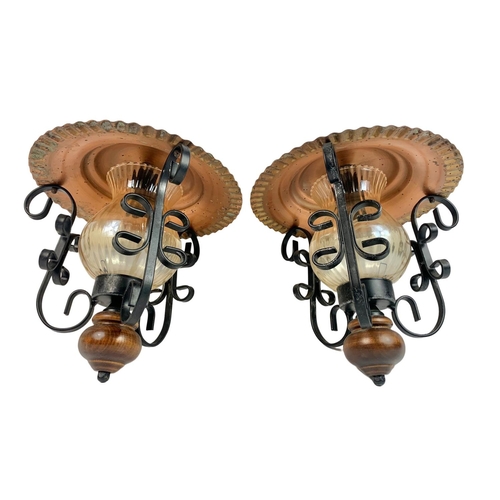 87 - Pair of vintage copper and wrought iron porch lights, 53cm