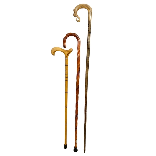 107 - 3 vintage walking sticks, one with ram's horn handle 107cm