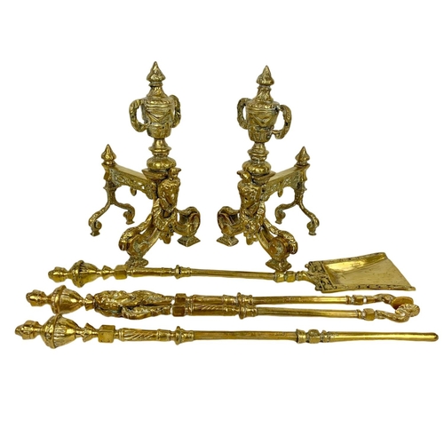 120 - Large vintage heavy ornate brass andirons/firedogs. Tools measure 72cm. Dogs measure 27 x 43cm