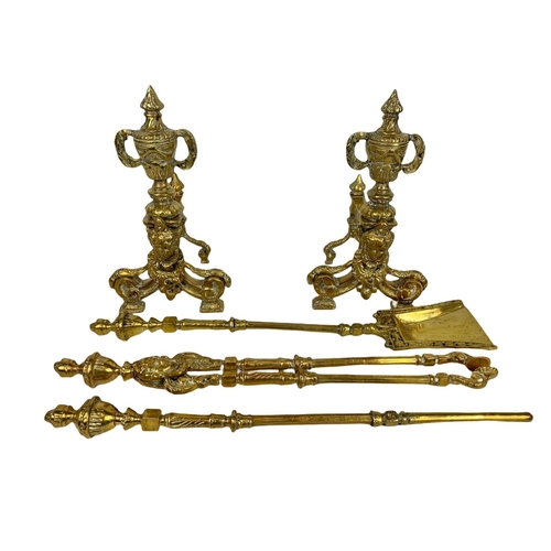 120 - Large vintage heavy ornate brass andirons/firedogs. Tools measure 72cm. Dogs measure 27 x 43cm