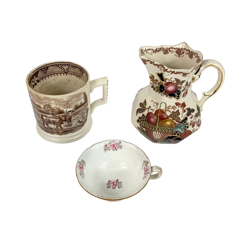 542 - Masons pottery jug, Victorian mug and a Mintons tea cup. Masons measure 16cm