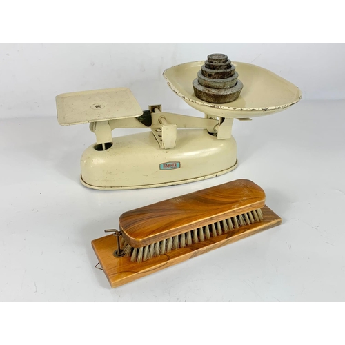 546 - Sundry lot. Including vintage scales and weights, 2 decanters, large plastic figure. 42cm