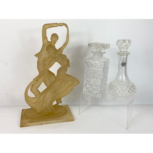 546 - Sundry lot. Including vintage scales and weights, 2 decanters, large plastic figure. 42cm